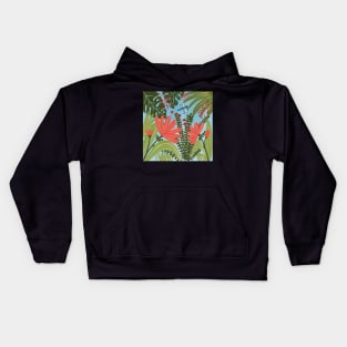 Jungle flowers with blue dragonfly Kids Hoodie